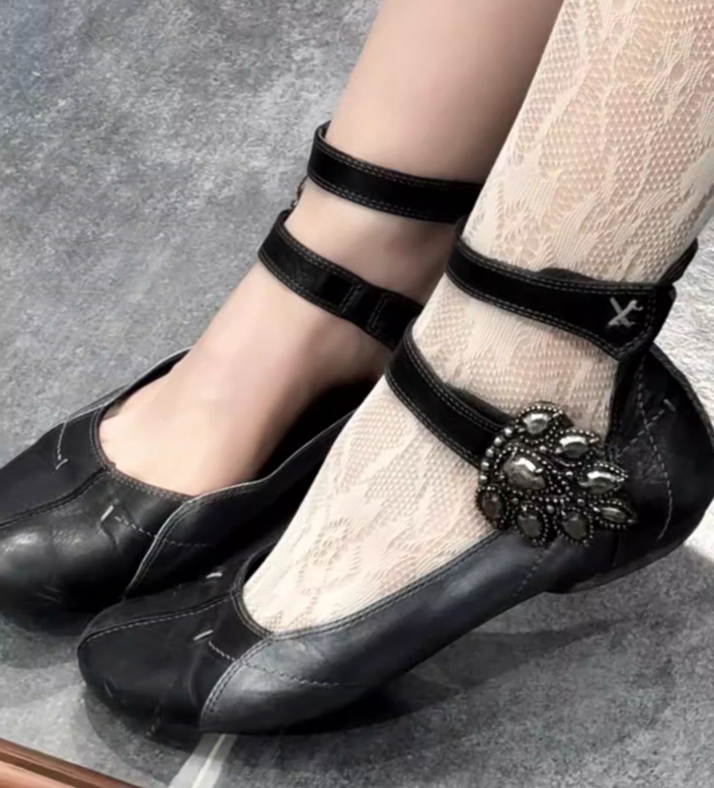 Women Shoes Black - Black Distressed Leather Mary Jane Flats