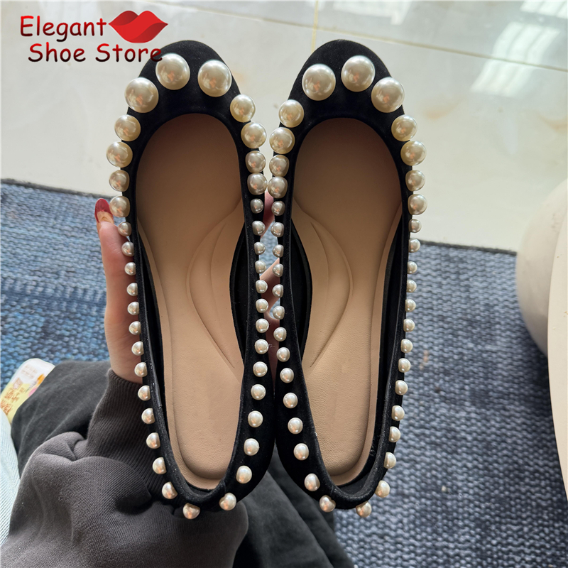Retro Pearl Shallow Flat Shoes - Women Shoes Black บทวิจารณ์และราคา