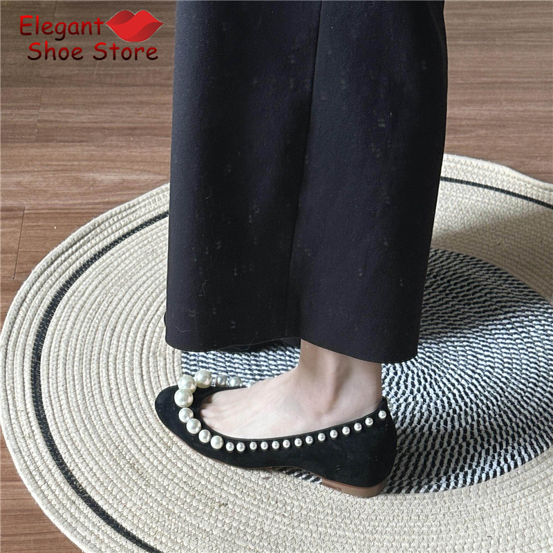 Retro Pearl Shallow Flat Shoes - Women Shoes Black บทวิจารณ์และราคา