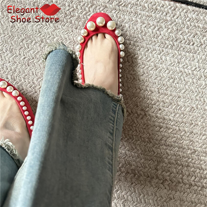 Retro Pearl Shallow Flat Shoes - Women Shoes Black บทวิจารณ์และราคา