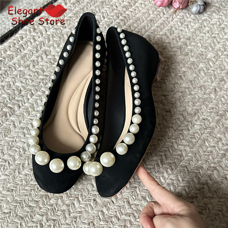 Retro Pearl Shallow Flat Shoes - Women Shoes Black บทวิจารณ์และราคา