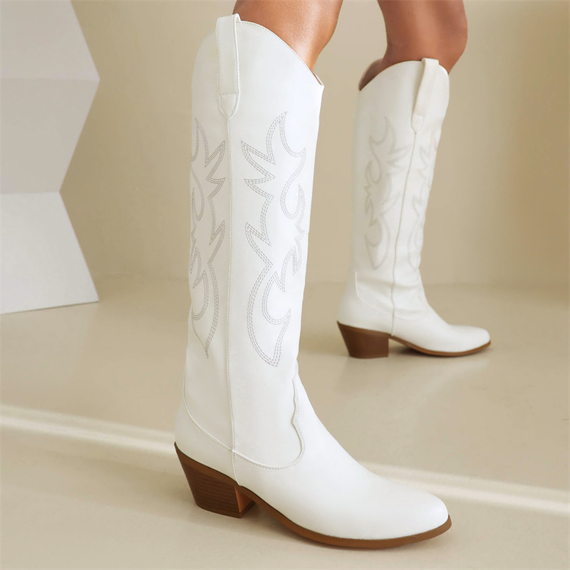 White Women's Knee High Boots  - Western Cowgirl Boot บทวิจารณ์และราคา