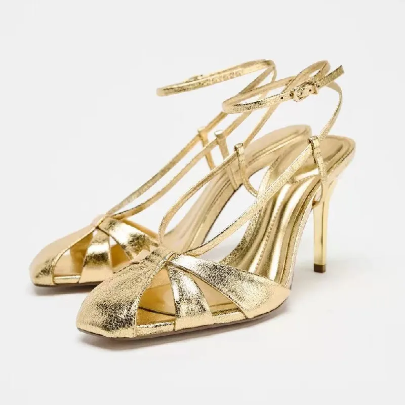 Fashion Gold Thin Heeled Sanda - Women Shoes Luxury Brand บทวิจารณ์และราคา